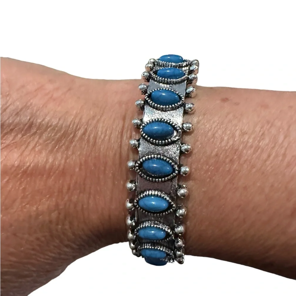 Boho Vintage Silver and Deep Blue Turquoise cuff Bracelet